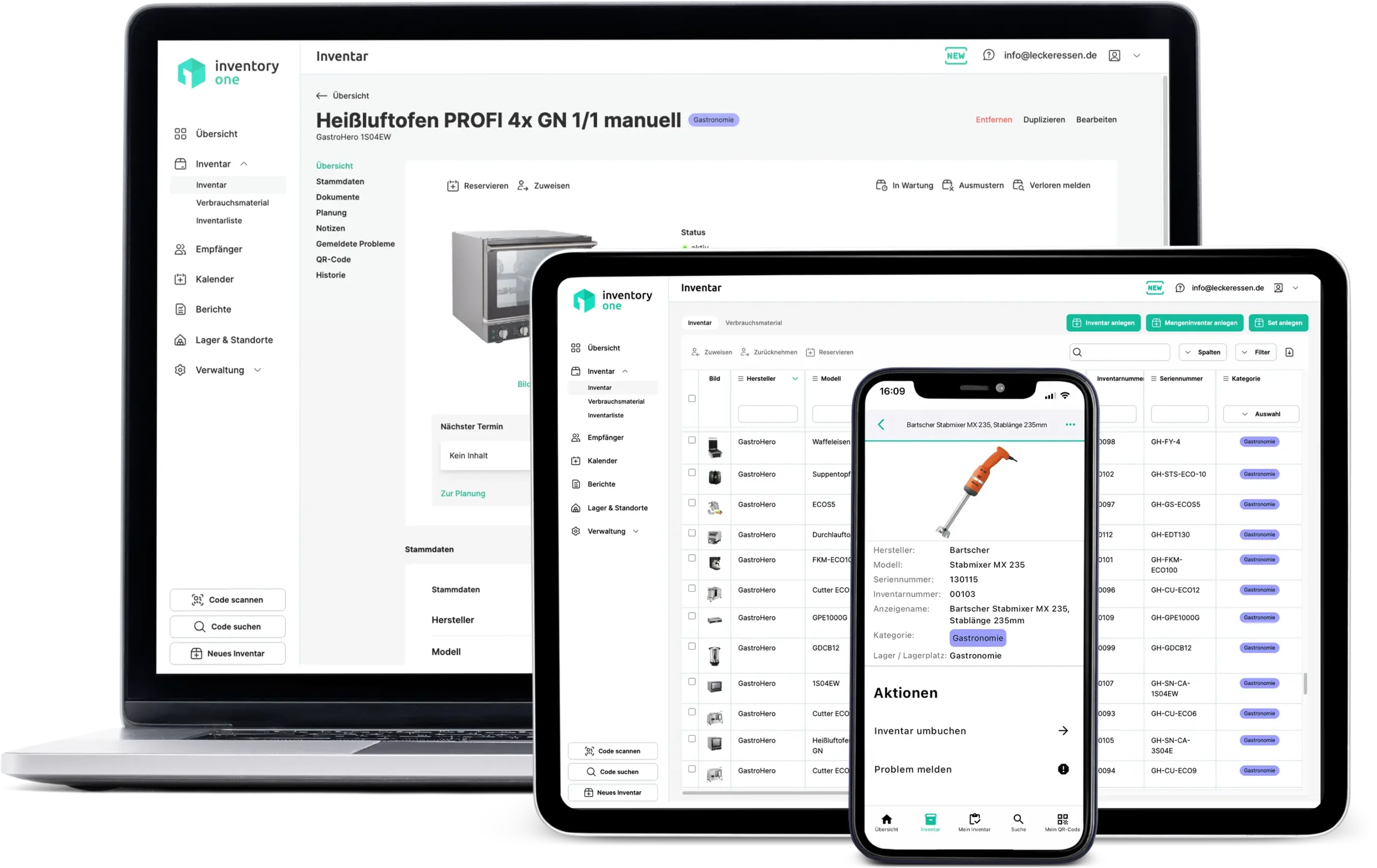 Die App für Ihr Inventar dargestellt auf drei Smartphones