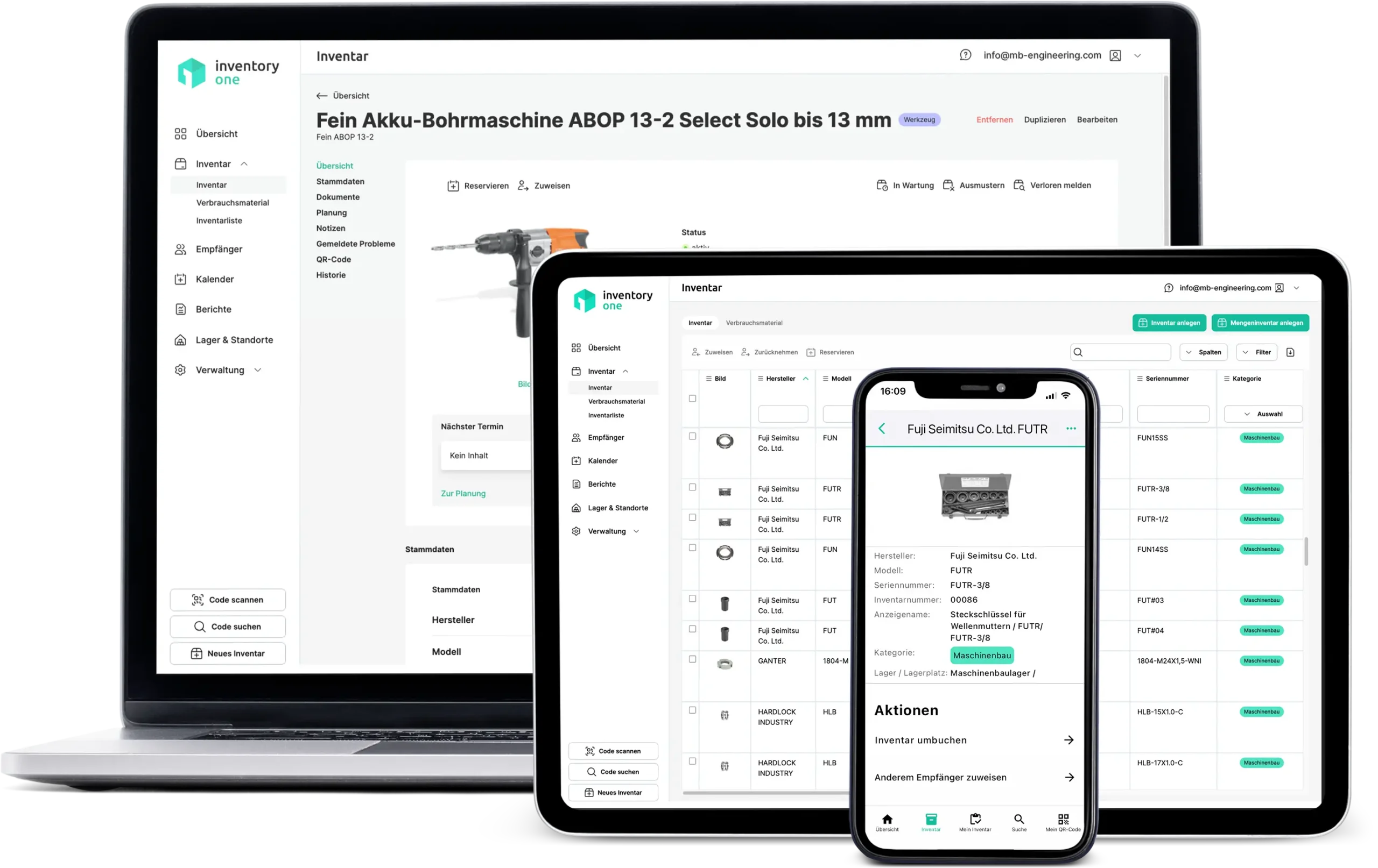 Die App für Ihr Inventar dargestellt auf drei Smartphones