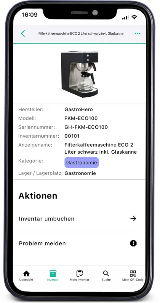 Digitale Betriebsmittelverwaltung für die Gastronomie dargestellt auf einem Smartphone
