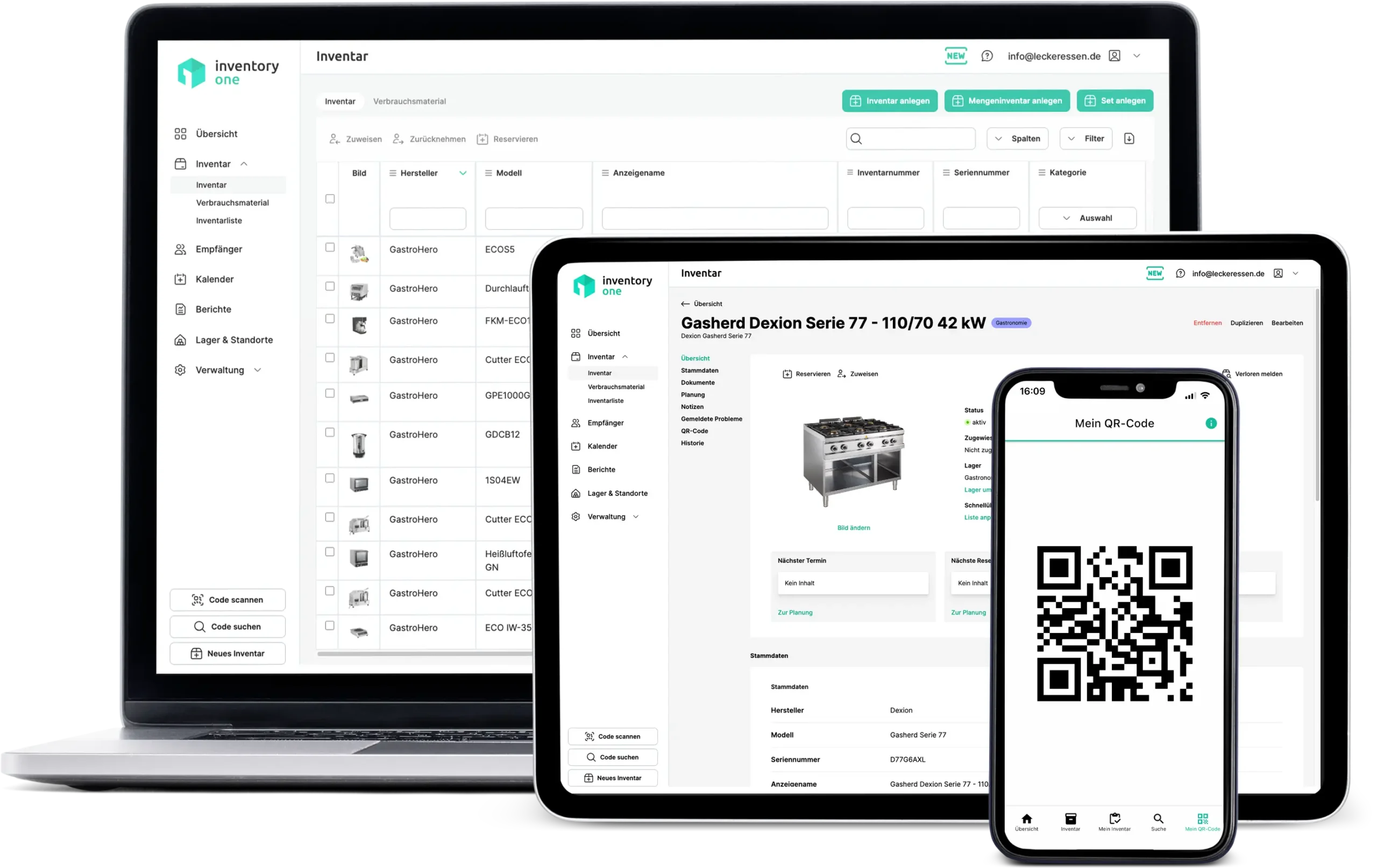 Die App für Ihr Inventar dargestellt auf drei Smartphones