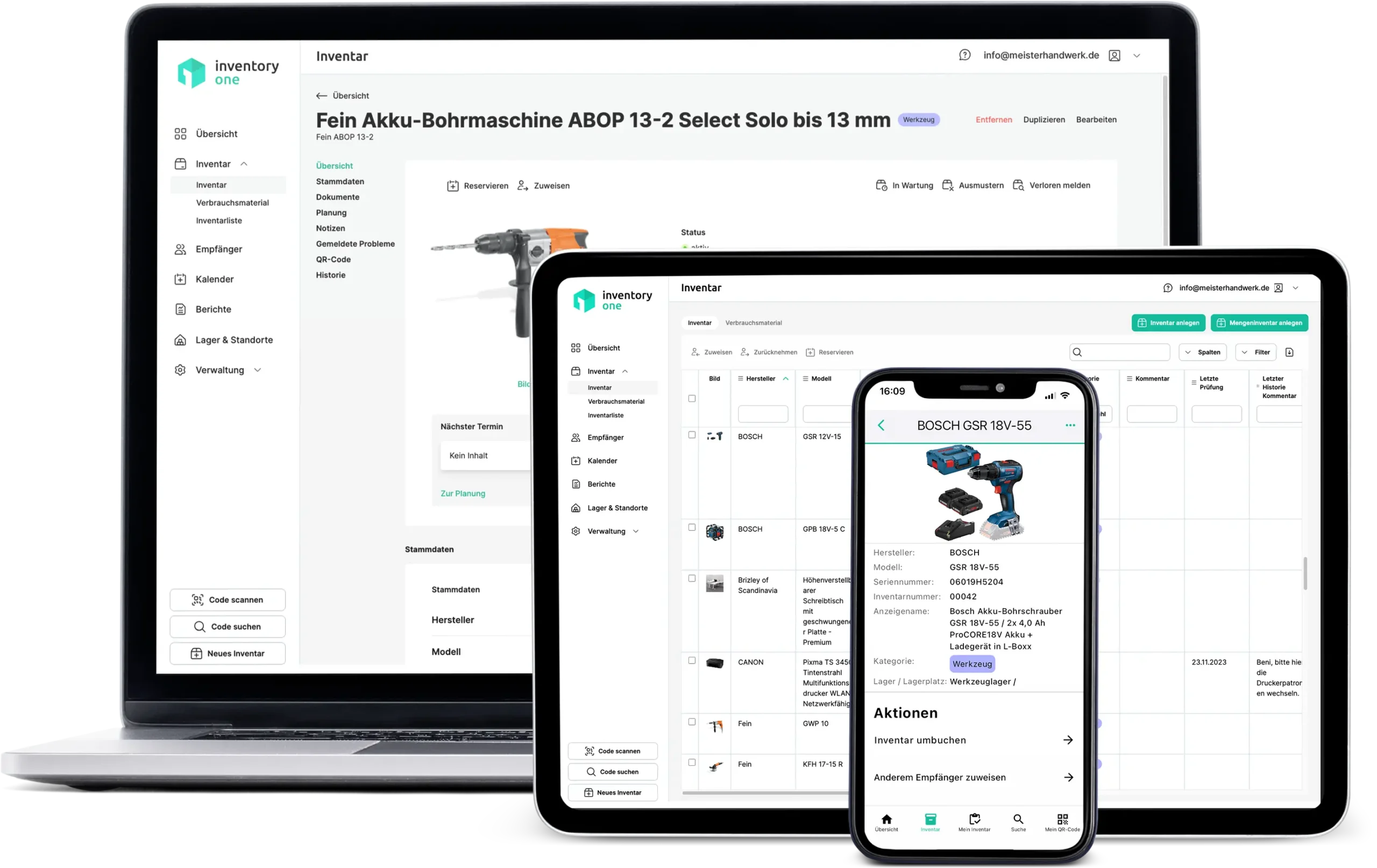 Die App für Ihr Inventar dargestellt auf drei Smartphones