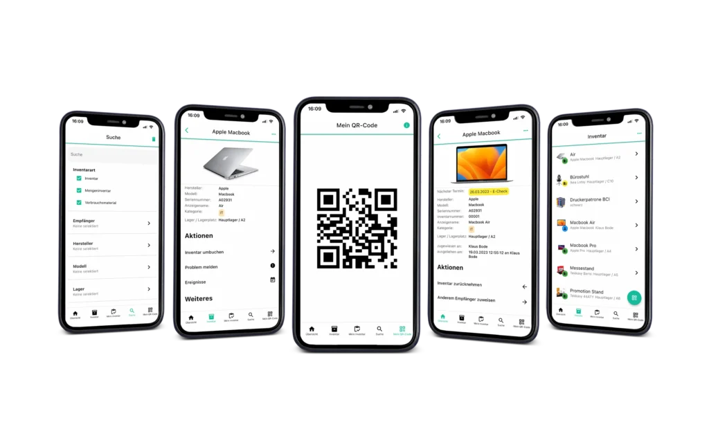 The inventory management app displayed on five smartphones