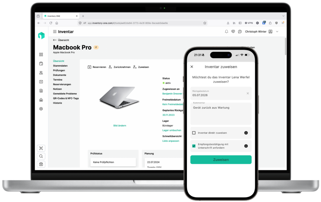 Macbook und Iphone mit Inventory ONE Anwendung zuweisen von Inventar
