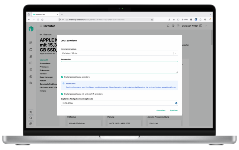 Macbook mit Inventory ONE Anwendung zuweisen von Inventar