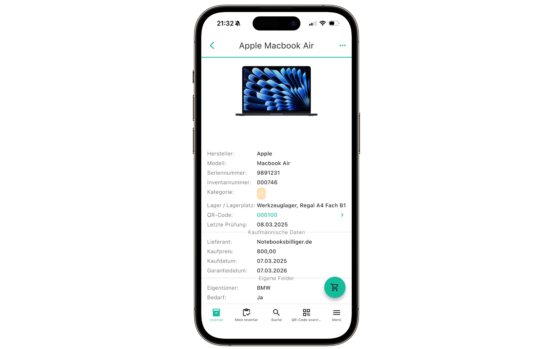 Iphone mit Inventory ONE App Detailansicht Inventar
