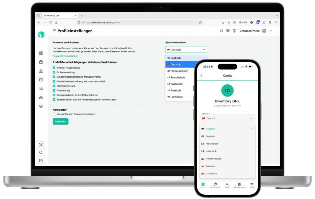 Macbook und Iphone mit Inventory ONE Anwendung Sprache wählen