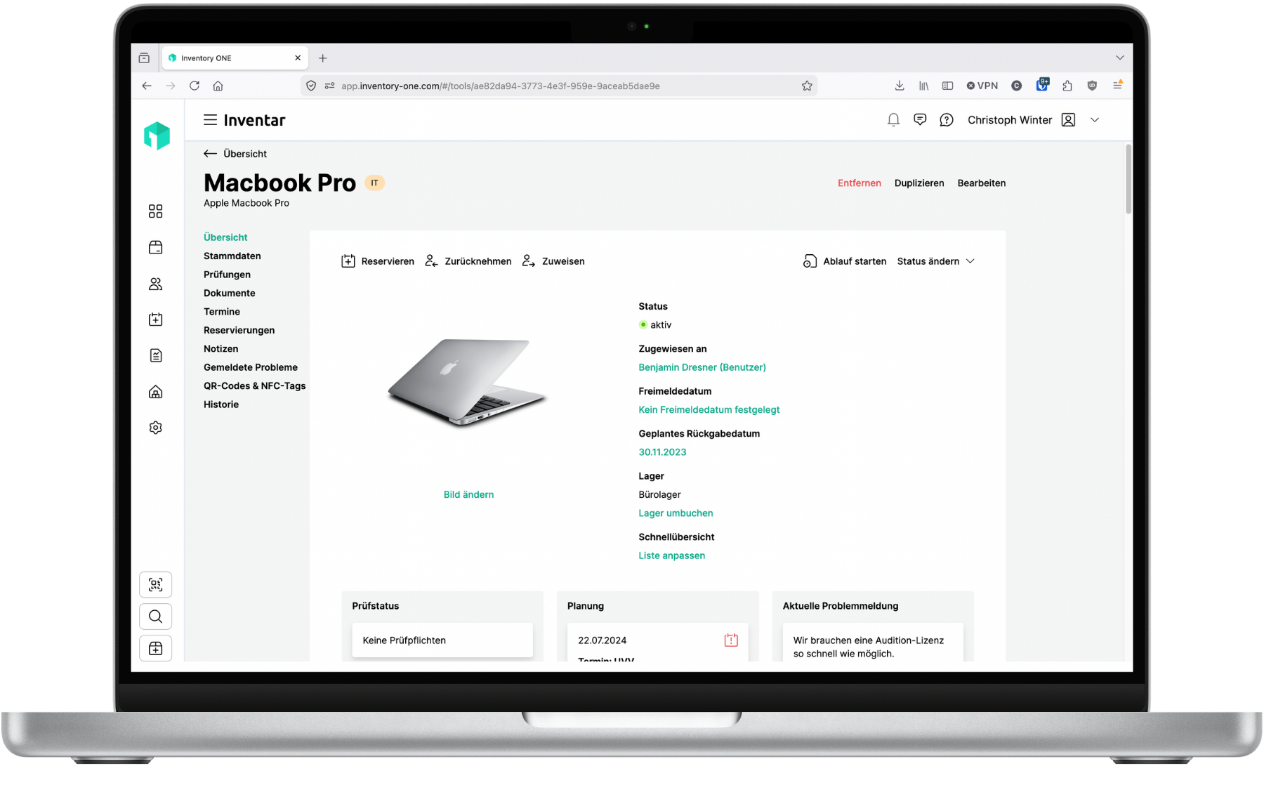 Betriebsmittelverwaltung von Inventory ONE auf einem Macbook