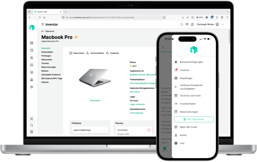 Macbook und Iphone mit Inventory ONE Anwendung QR Code Barcode NFC